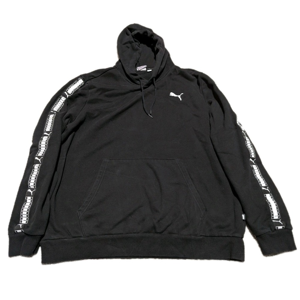 Puma Hoodie Mens XL Black Logo Tape Sleeve Pullover Athletic Streetwear Fleece